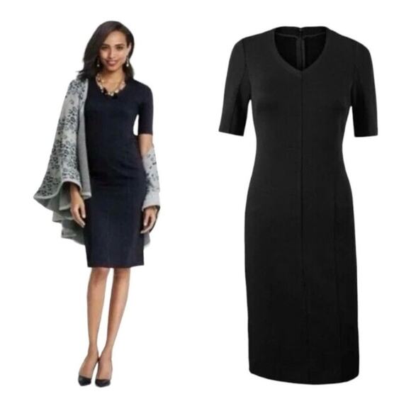 CAbi Dresses & Skirts - CAbi Black “Claire” Ponte Knit V-Neck 1/2-Sleeve Knee-Length Sheath Dress Size 6